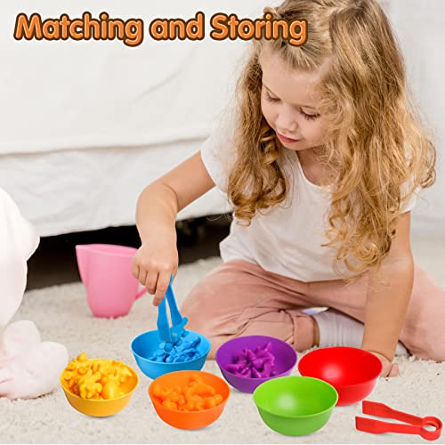 JOCHA Dinosaur Counting and Sorting Toy – 48 Dino Figures, 6 Bowls, Tweezers – Montessori STEM Learning for Toddlers 3-6