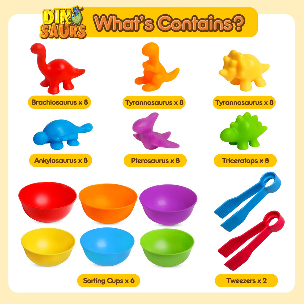JOCHA Dinosaur Counting and Sorting Toy – 48 Dino Figures, 6 Bowls, Tweezers – Montessori STEM Learning for Toddlers 3-6