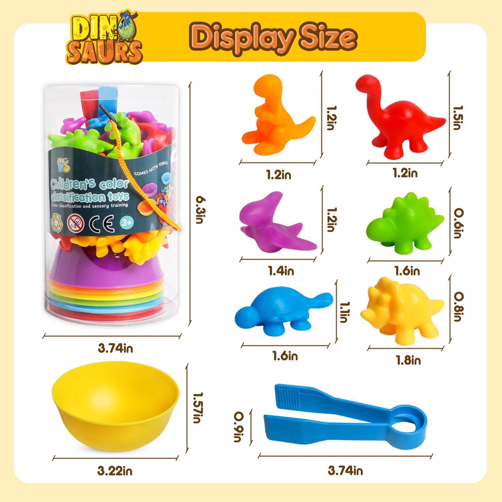 JOCHA Dinosaur Counting and Sorting Toy – 48 Dino Figures, 6 Bowls, Tweezers – Montessori STEM Learning for Toddlers 3-6