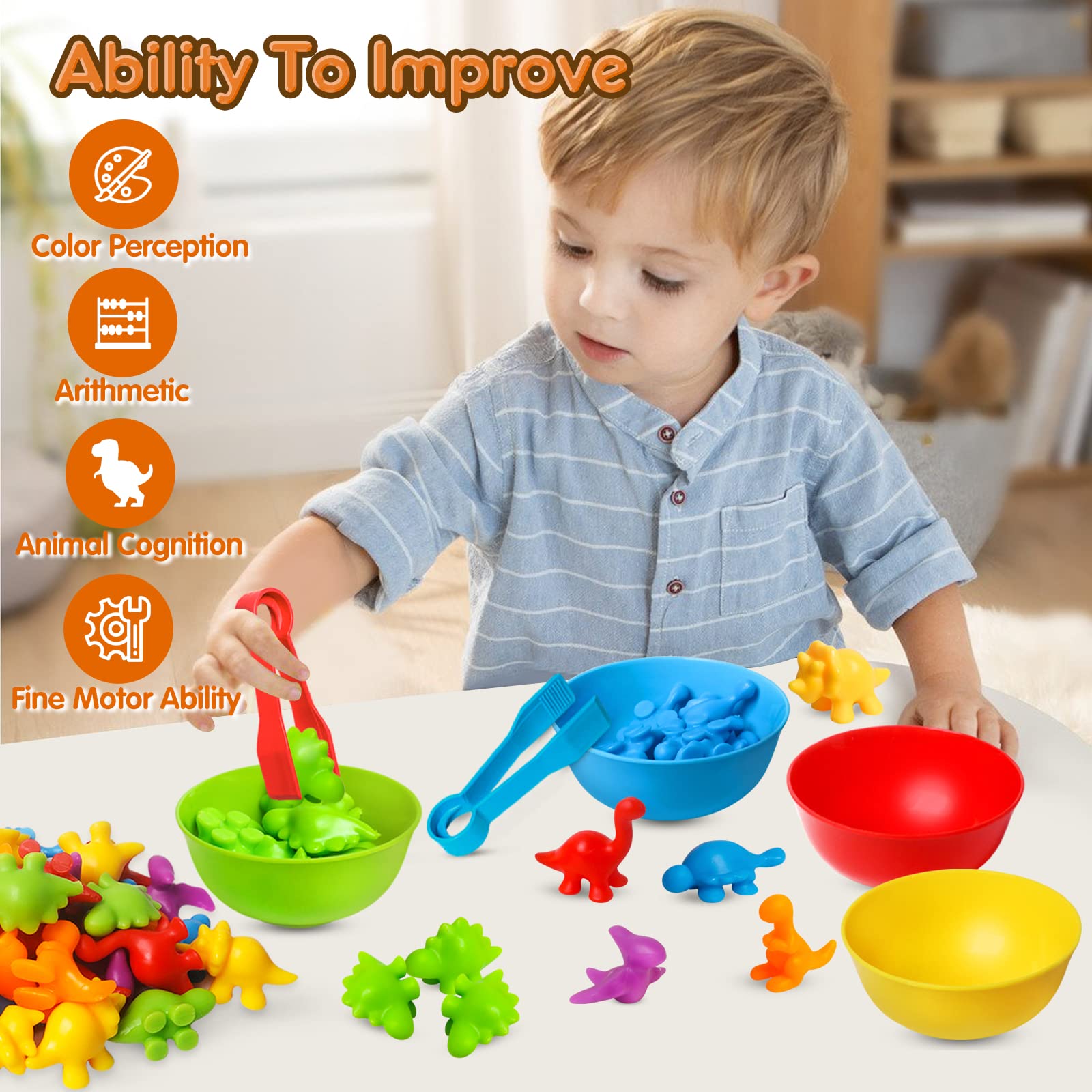 JOCHA Dinosaur Counting and Sorting Toy – 48 Dino Figures, 6 Bowls, Tweezers – Montessori STEM Learning for Toddlers 3-6