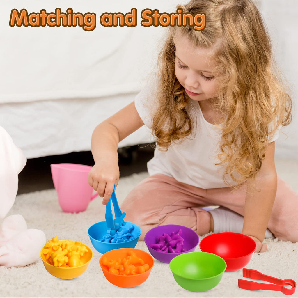 JOCHA Dinosaur Counting and Sorting Toy – 48 Dino Figures, 6 Bowls, Tweezers – Montessori STEM Learning for Toddlers 3-6