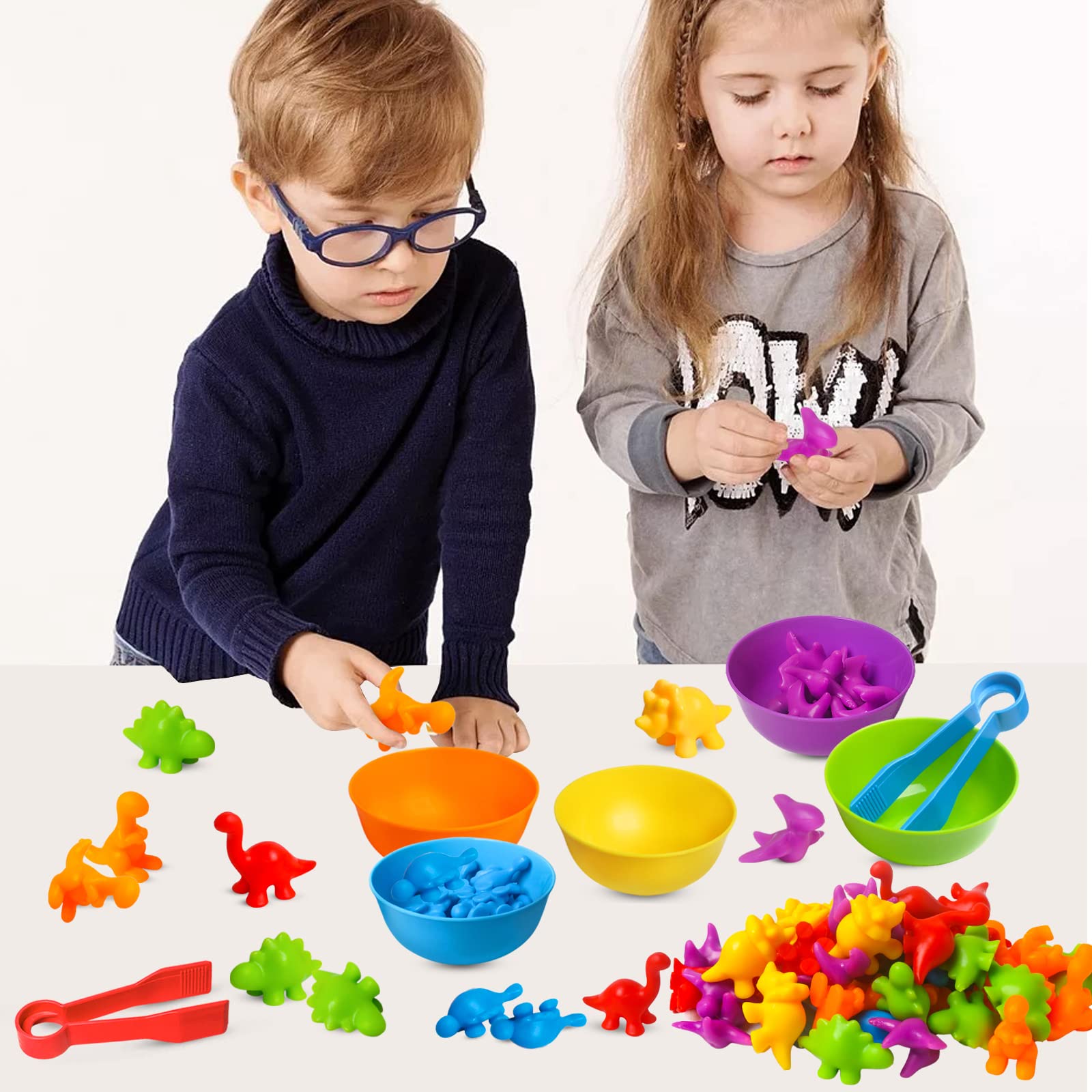 JOCHA Dinosaur Counting and Sorting Toy – 48 Dino Figures, 6 Bowls, Tweezers – Montessori STEM Learning for Toddlers 3-6
