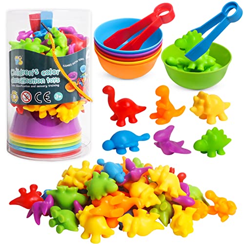 JOCHA Dinosaur Counting and Sorting Toy – 48 Dino Figures, 6 Bowls, Tweezers – Montessori STEM Learning for Toddlers 3-6