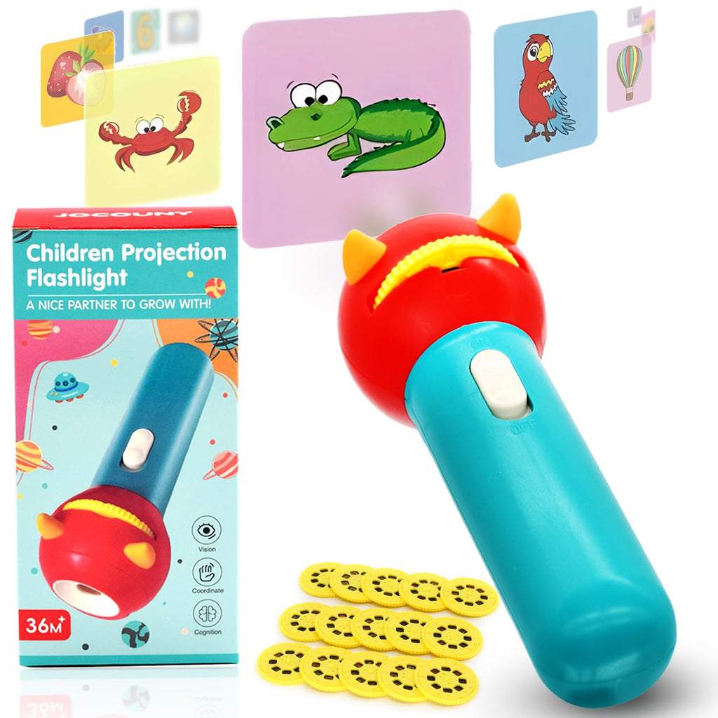 JOCOUNY Kids Projector Flashlight Toy - 120 Images, 15 Discs, Adjustable Focus, Blue-Red