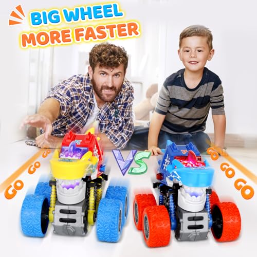 JODUDLR Dinosaur Monster Truck Toys for Kids 3-7 - Push and Go with Lights & Sounds, 360° Spin Stunts, Blue Medium 2-Pack