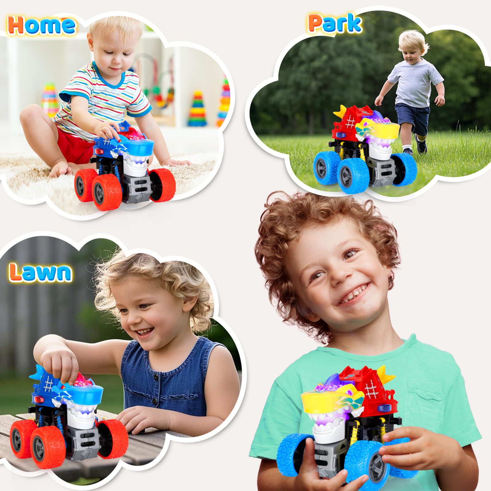 JODUDLR Dinosaur Monster Truck Toys for Kids 3-7 - Push and Go with Lights & Sounds, 360° Spin Stunts, Blue Medium 2-Pack