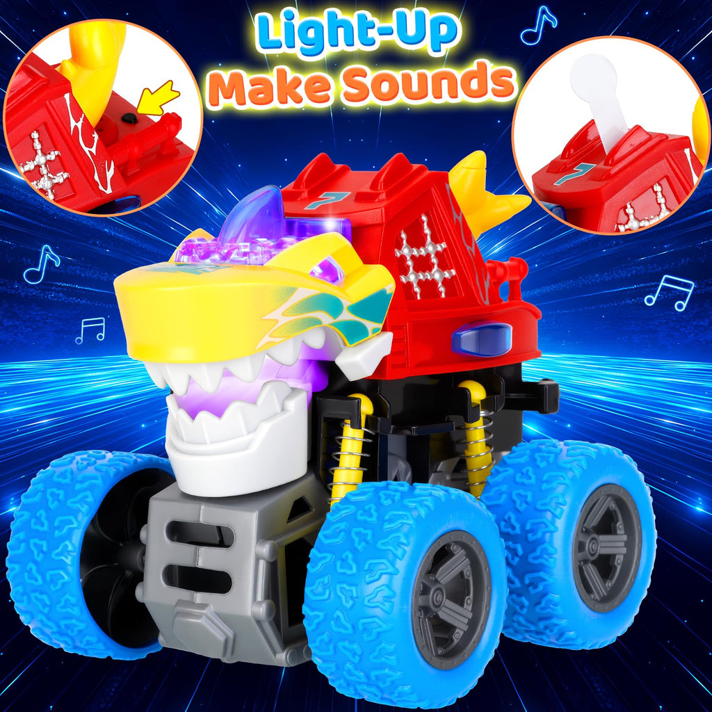 JODUDLR Dinosaur Monster Truck Toys for Kids 3-7 - Push and Go with Lights & Sounds, 360° Spin Stunts, Blue Medium 2-Pack