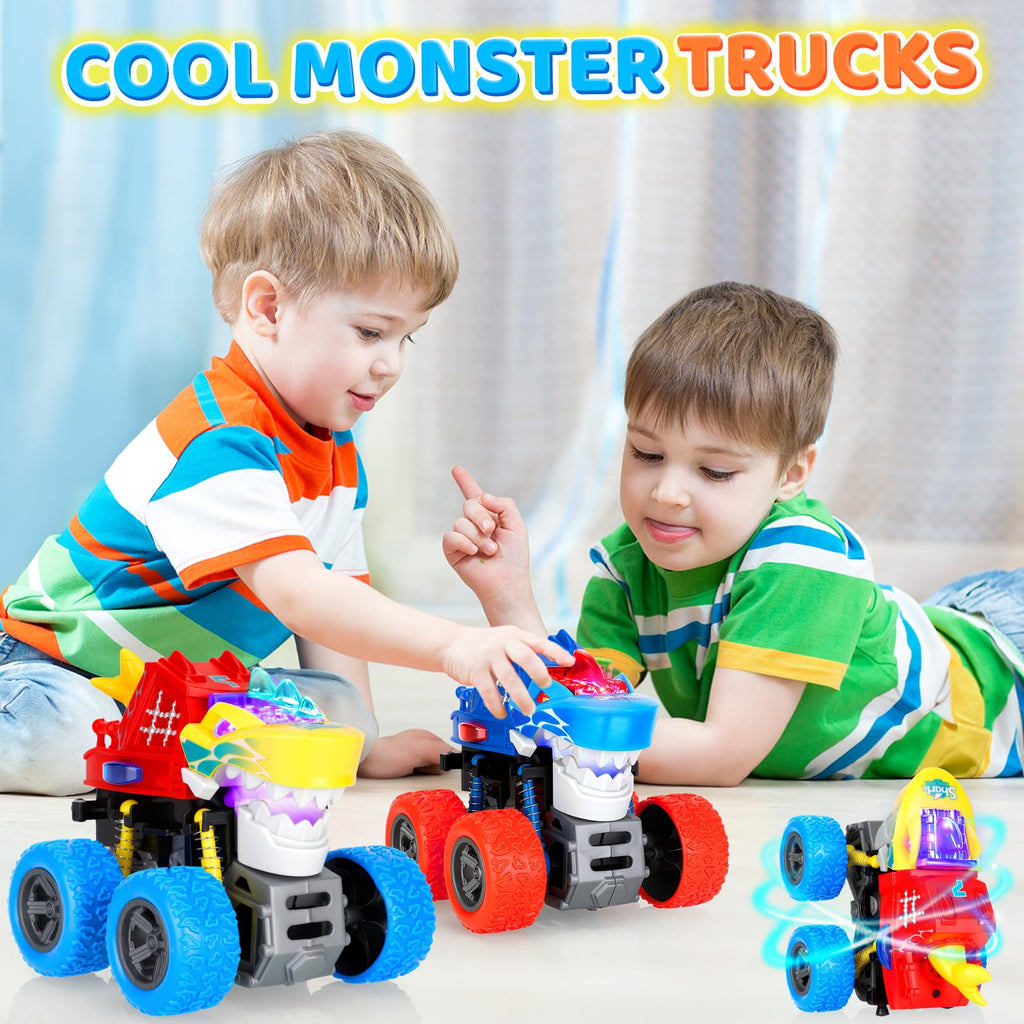 JODUDLR Dinosaur Monster Truck Toys for Kids 3-7 - Push and Go with Lights & Sounds, 360° Spin Stunts, Blue Medium 2-Pack