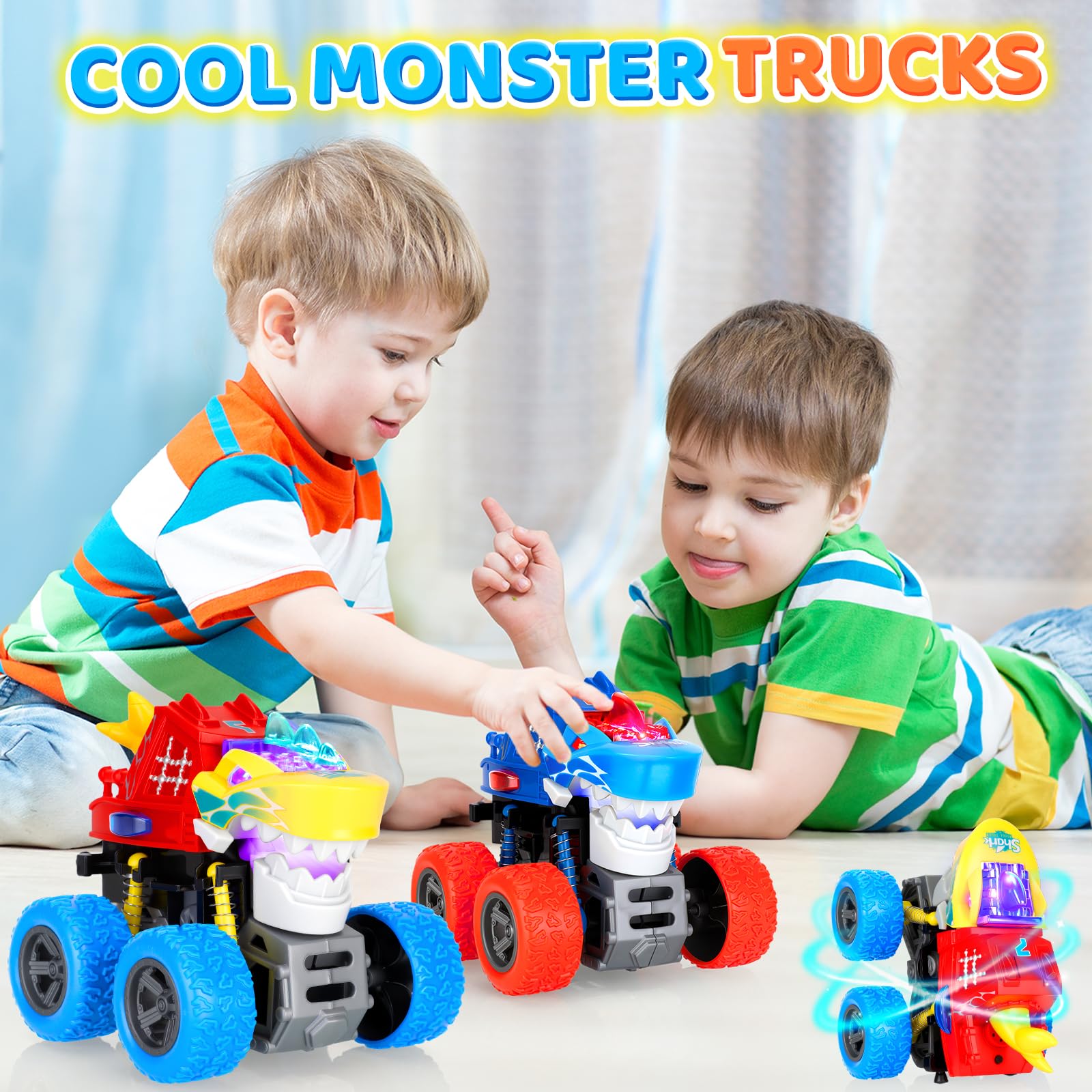 JODUDLR Dinosaur Monster Truck Toys for Kids 3-7 - Push and Go with Lights & Sounds, 360° Spin Stunts, Blue Medium 2-Pack