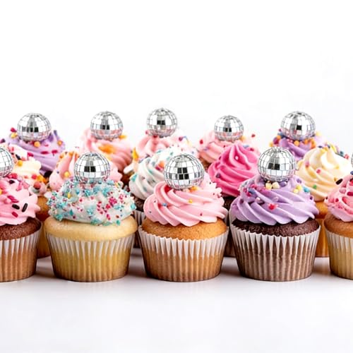 JOERSH 30-Pack Disco Ball Cake Toppers – 4 Sizes Silver Reflective Mirror Balls for 70s Party Decor