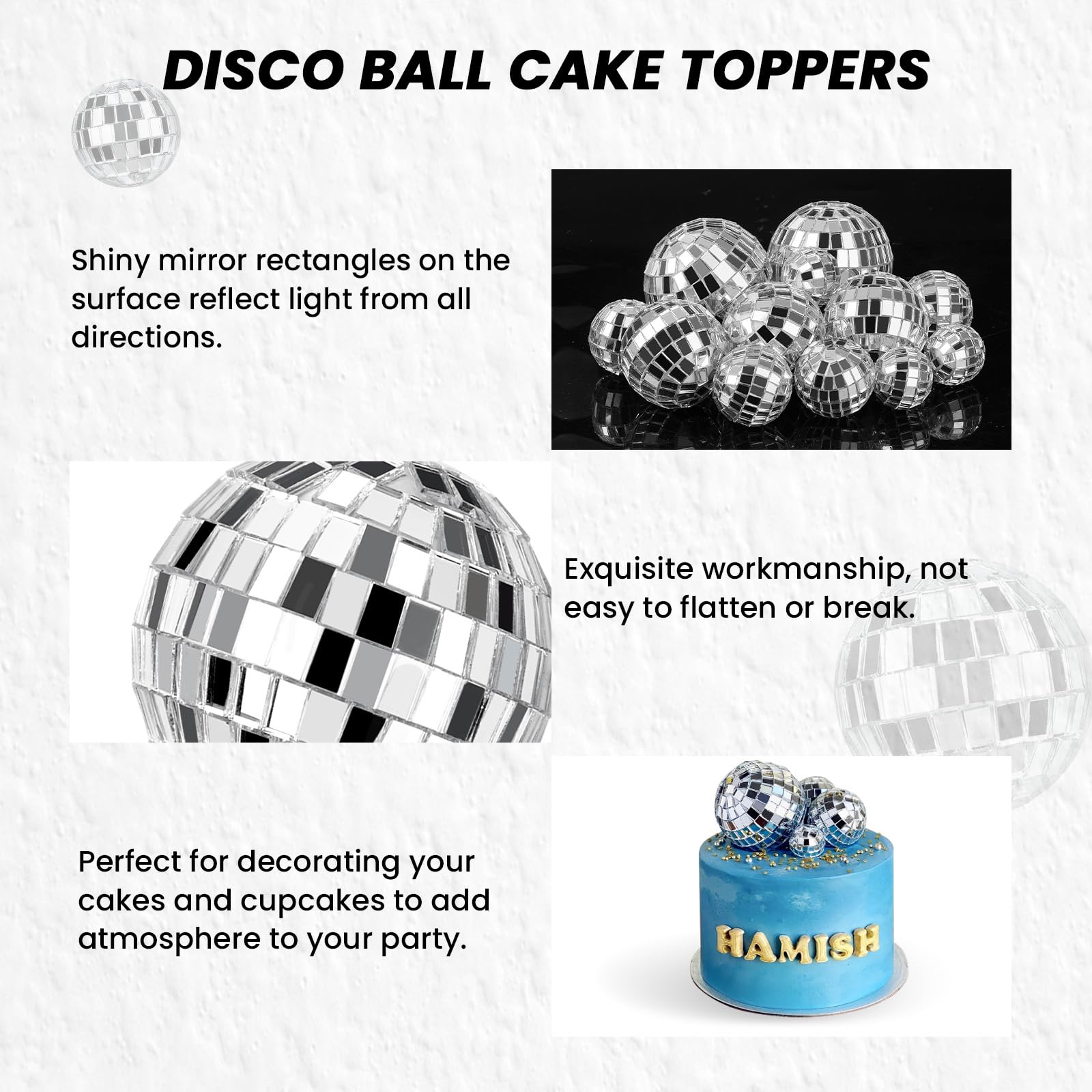 JOERSH 30-Pack Disco Ball Cake Toppers – 4 Sizes Silver Reflective Mirror Balls for 70s Party Decor