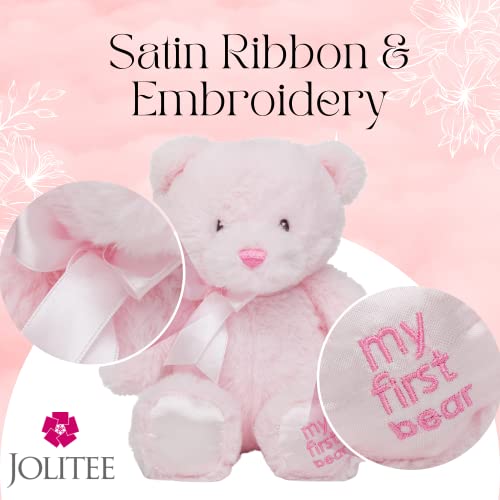 Jolitee My First Bear - 10 Inch Pink Teddy Bear for Newborns, Soft Plush with Embroidered Eyes