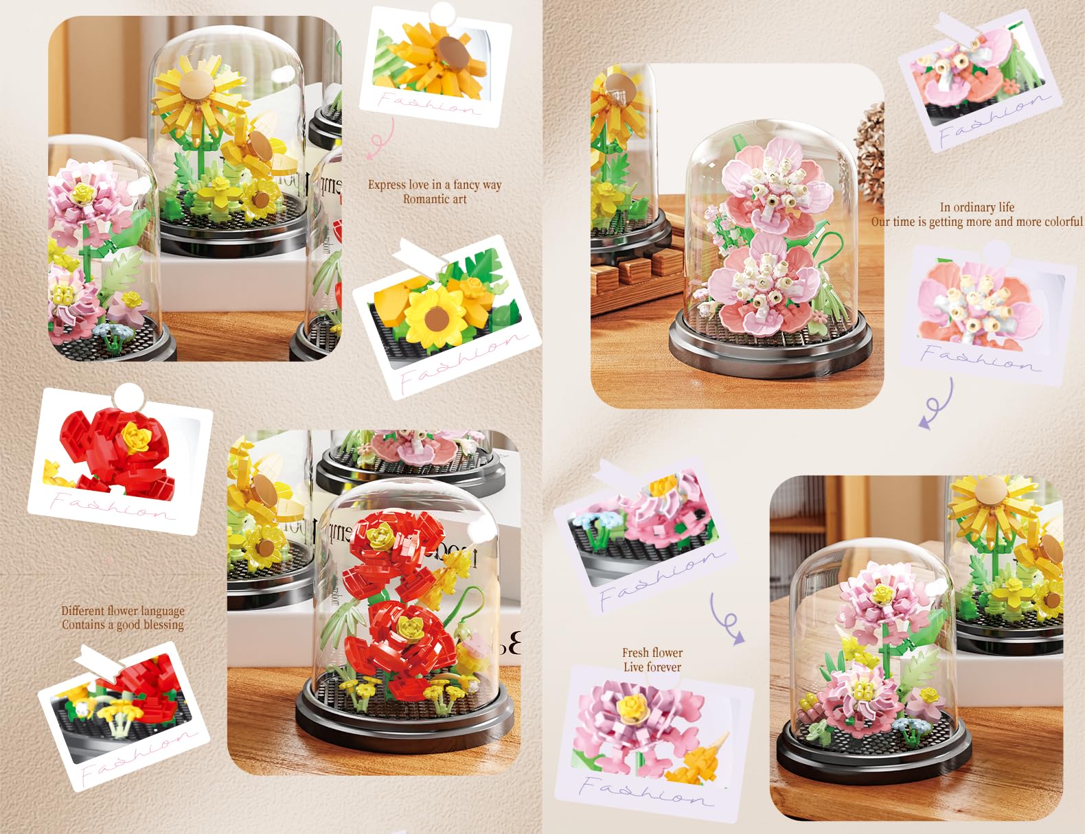 Jollcnoia Fantasy Pink Flowers Building Set - Creative Bouquet Bonsai Toy for Valentine's Day, Mother's Day, Birthdays