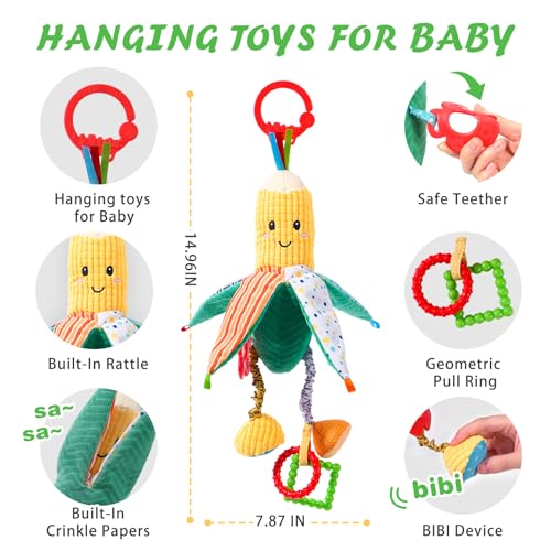 Jollybaby Hanging Rattles for Car Seat, Crib, Stroller – Plush Vegetable Toys with Bell, Crinkle, Teether for Newborns up to 12 Months