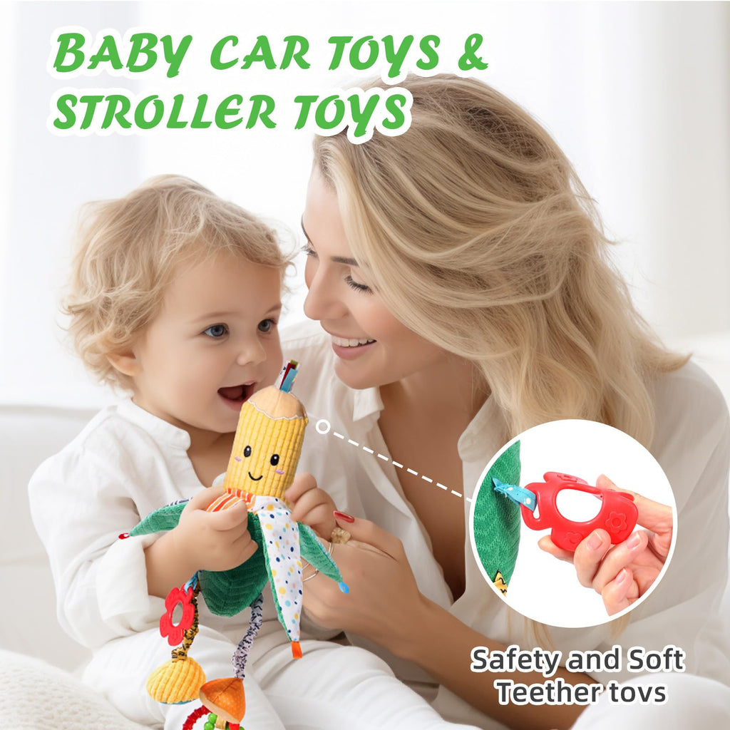 Jollybaby Hanging Rattles for Car Seat, Crib, Stroller – Plush Vegetable Toys with Bell, Crinkle, Teether for Newborns up to 12 Months