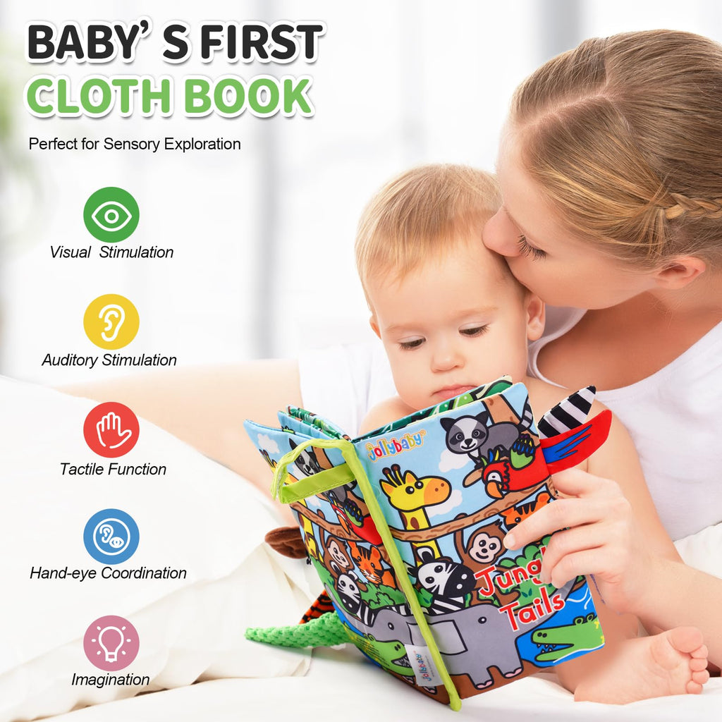 Jollybaby Jungle Tails Crinkle Cloth Book – Soft Sensory Toy for 0-6 Month Infants