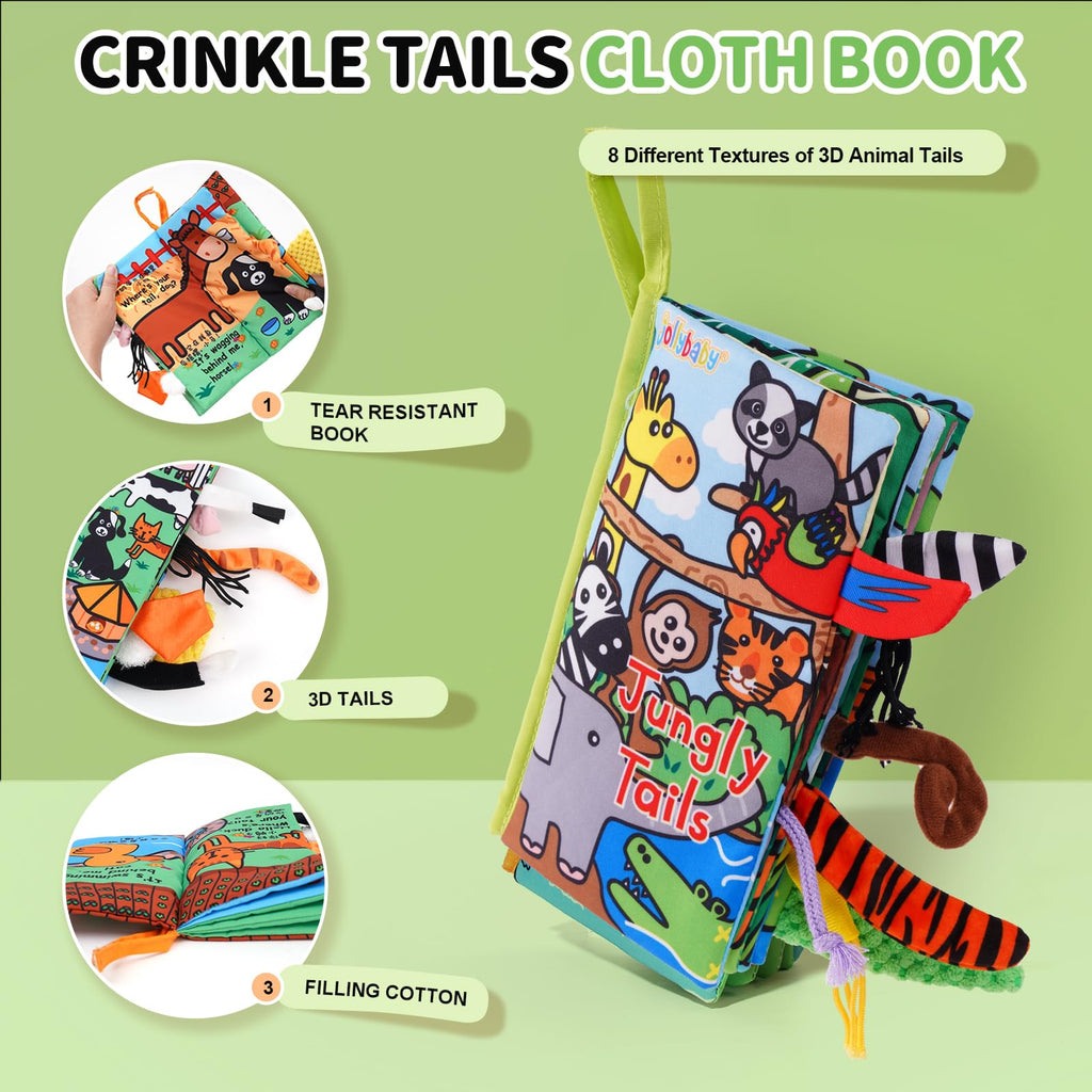 Jollybaby Jungle Tails Crinkle Cloth Book – Soft Sensory Toy for 0-6 Month Infants