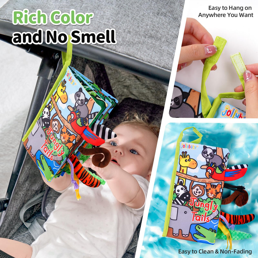 Jollybaby Jungle Tails Crinkle Cloth Book – Soft Sensory Toy for 0-6 Month Infants