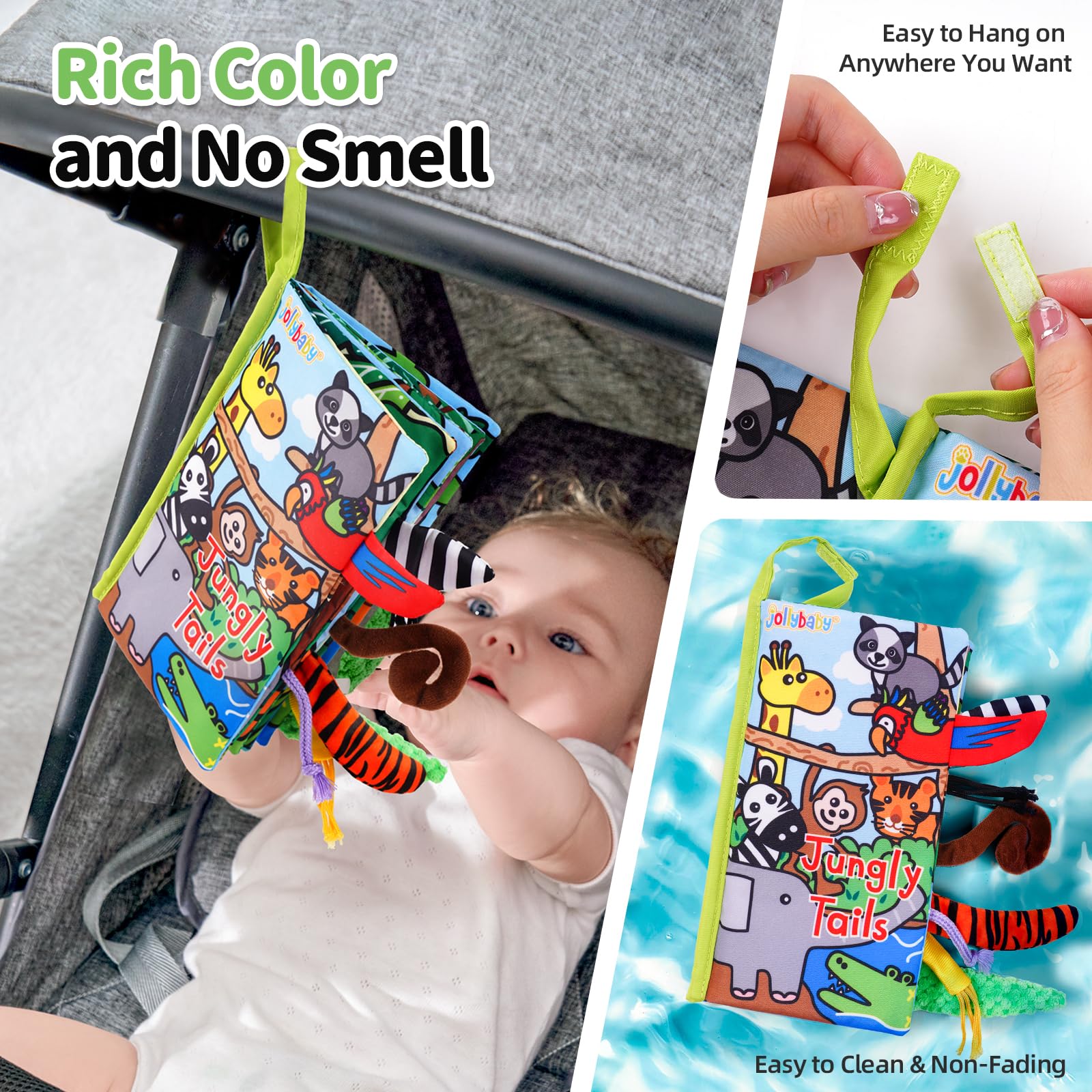 Jollybaby Jungle Tails Crinkle Cloth Book – Soft Sensory Toy for 0-6 Month Infants