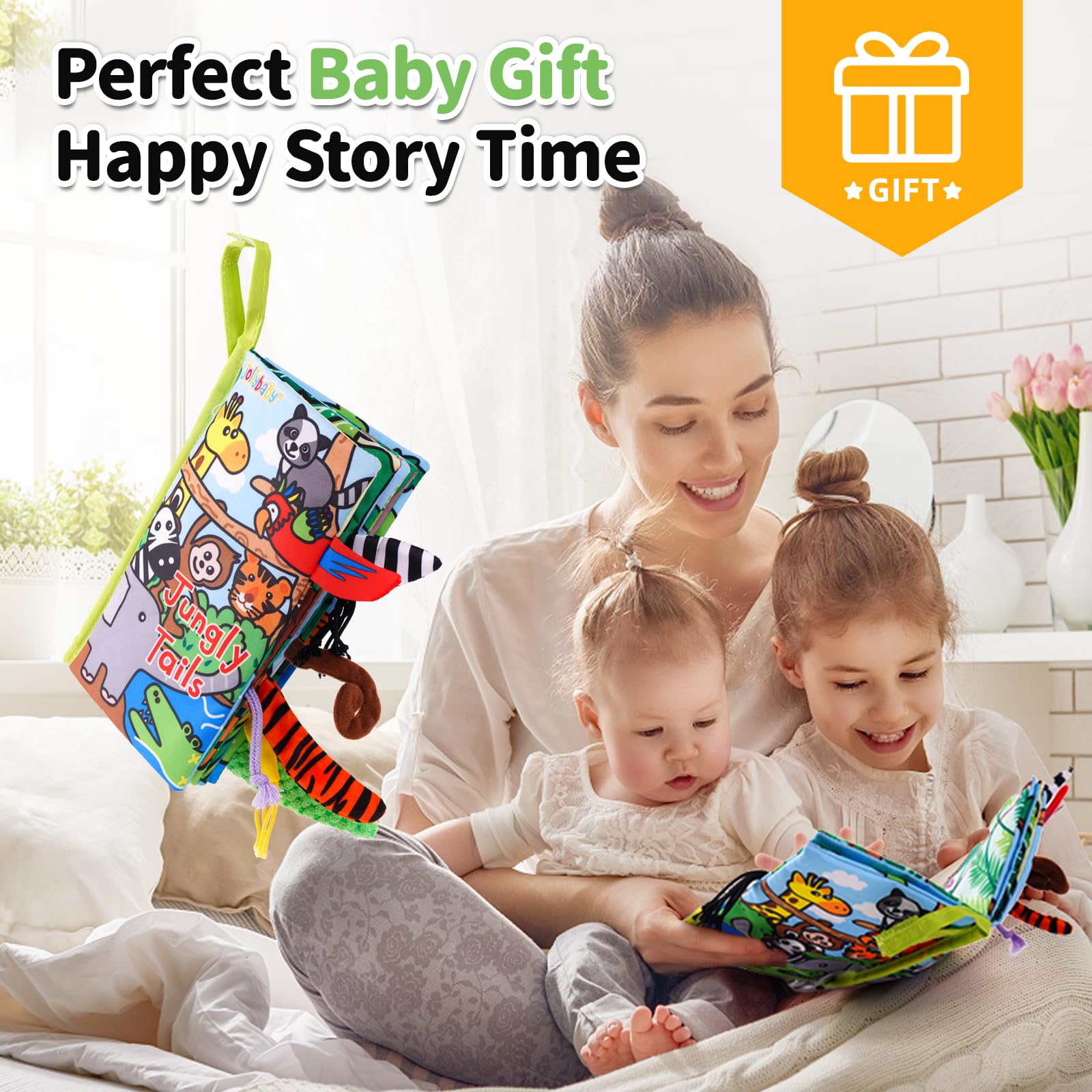 Jollybaby Jungle Tails Crinkle Cloth Book – Soft Sensory Toy for 0-6 Month Infants