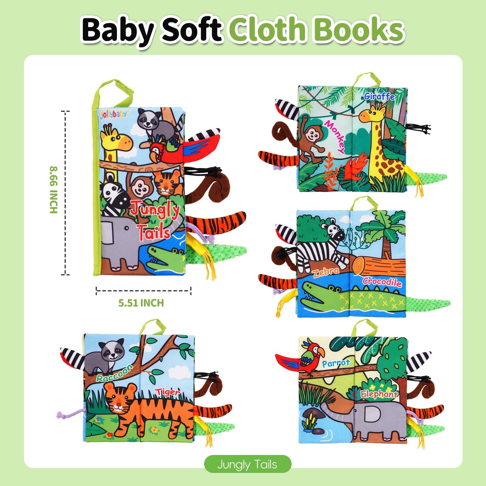 Jollybaby Jungle Tails Crinkle Cloth Book – Soft Sensory Toy for 0-6 Month Infants