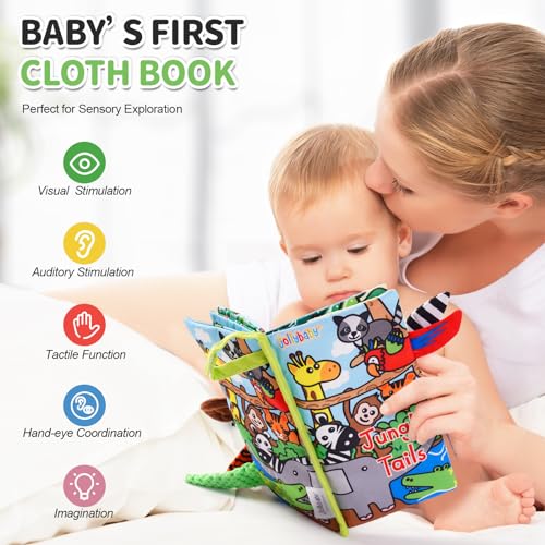 Jollybaby Jungle Tails Crinkle Cloth Book – Soft Sensory Toy for 0-6 Month Infants