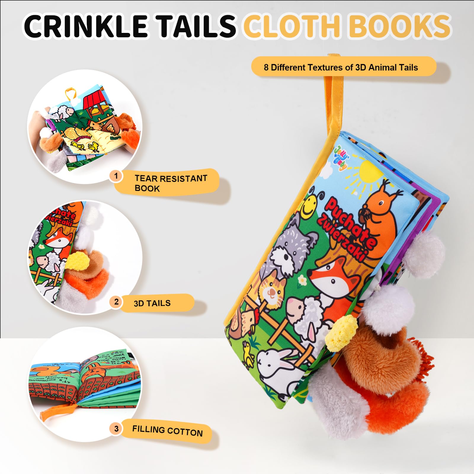 Jollybaby Plush Tails Soft Cloth Book – Crinkle, Touch & Feel Baby Toy for 0-3 Years