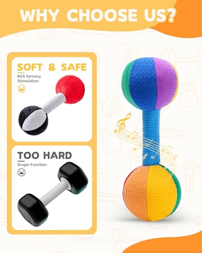 Jollybaby Soft Plush Dumbbell Rattle for Newborns 0-6 Months – High Contrast Sensory Toy with Rustling Sounds, Easy Grip, Lightweight Baby Shower Gift