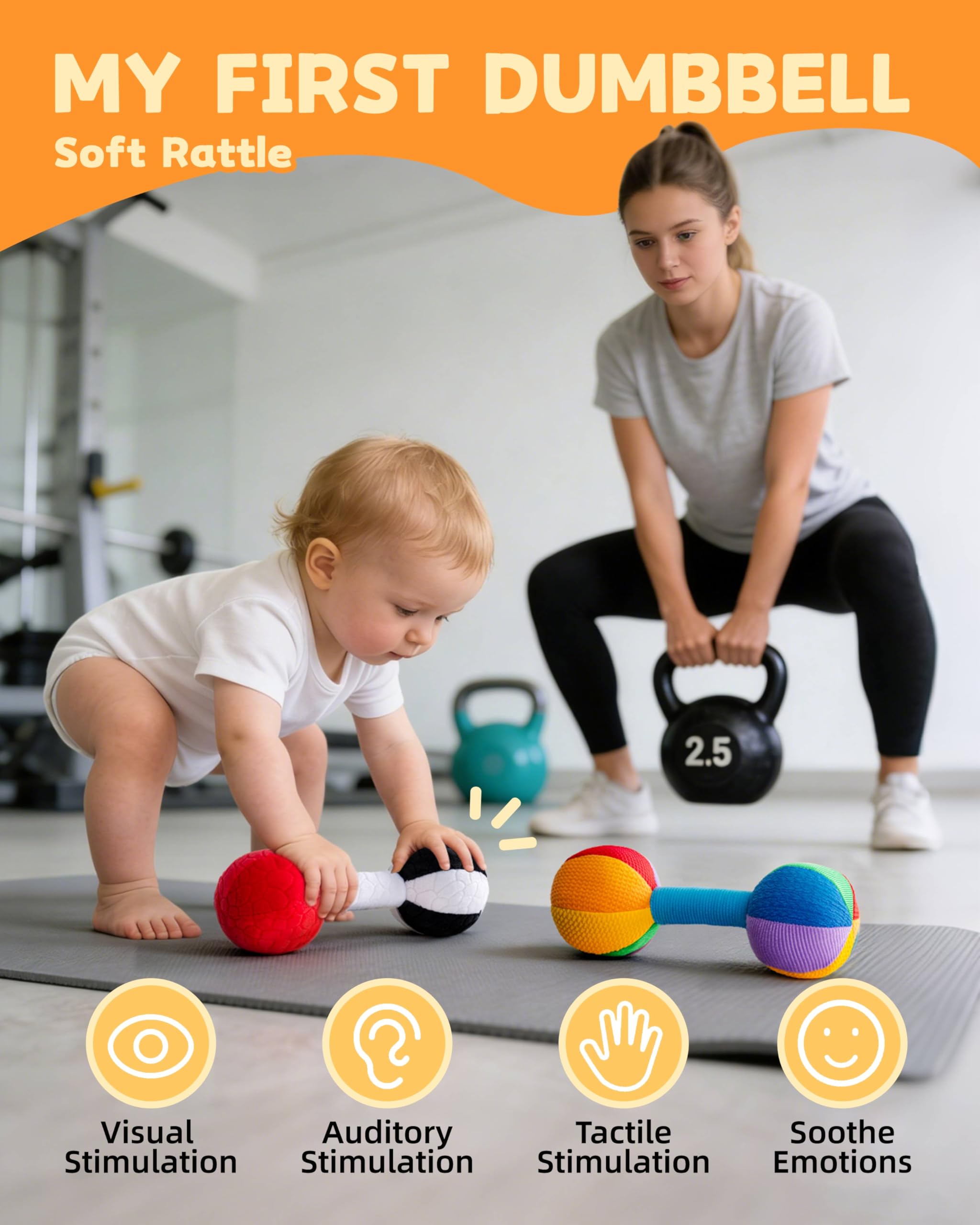 Jollybaby Soft Plush Dumbbell Rattle for Newborns 0-6 Months – High Contrast Sensory Toy with Rustling Sounds, Easy Grip, Lightweight Baby Shower Gift