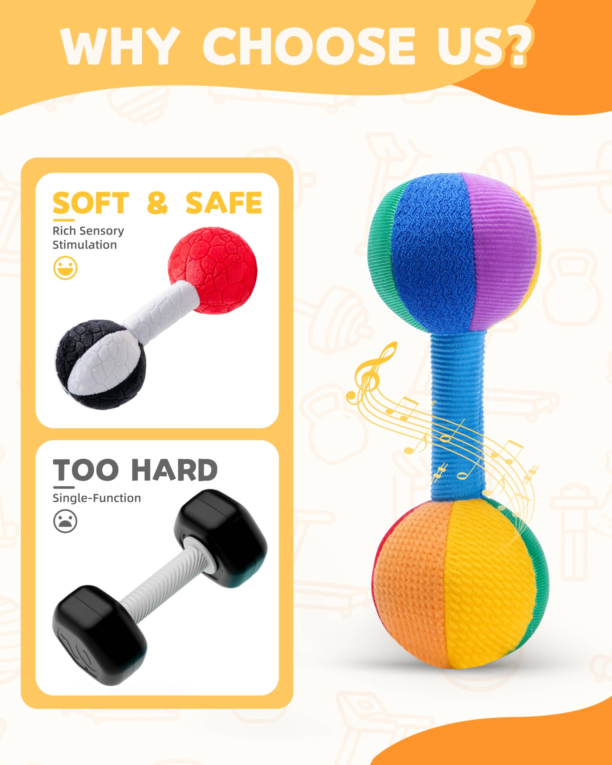 Jollybaby Soft Plush Dumbbell Rattle for Newborns 0-6 Months – High Contrast Sensory Toy with Rustling Sounds, Easy Grip, Lightweight Baby Shower Gift