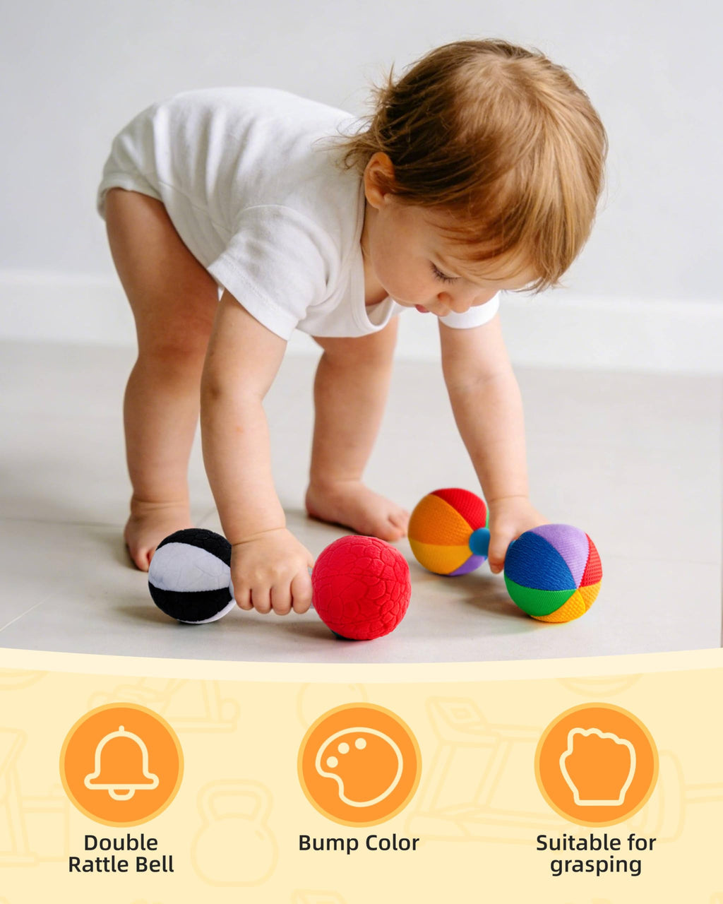 Jollybaby Soft Plush Dumbbell Rattle for Newborns 0-6 Months – High Contrast Sensory Toy with Rustling Sounds, Easy Grip, Lightweight Baby Shower Gift