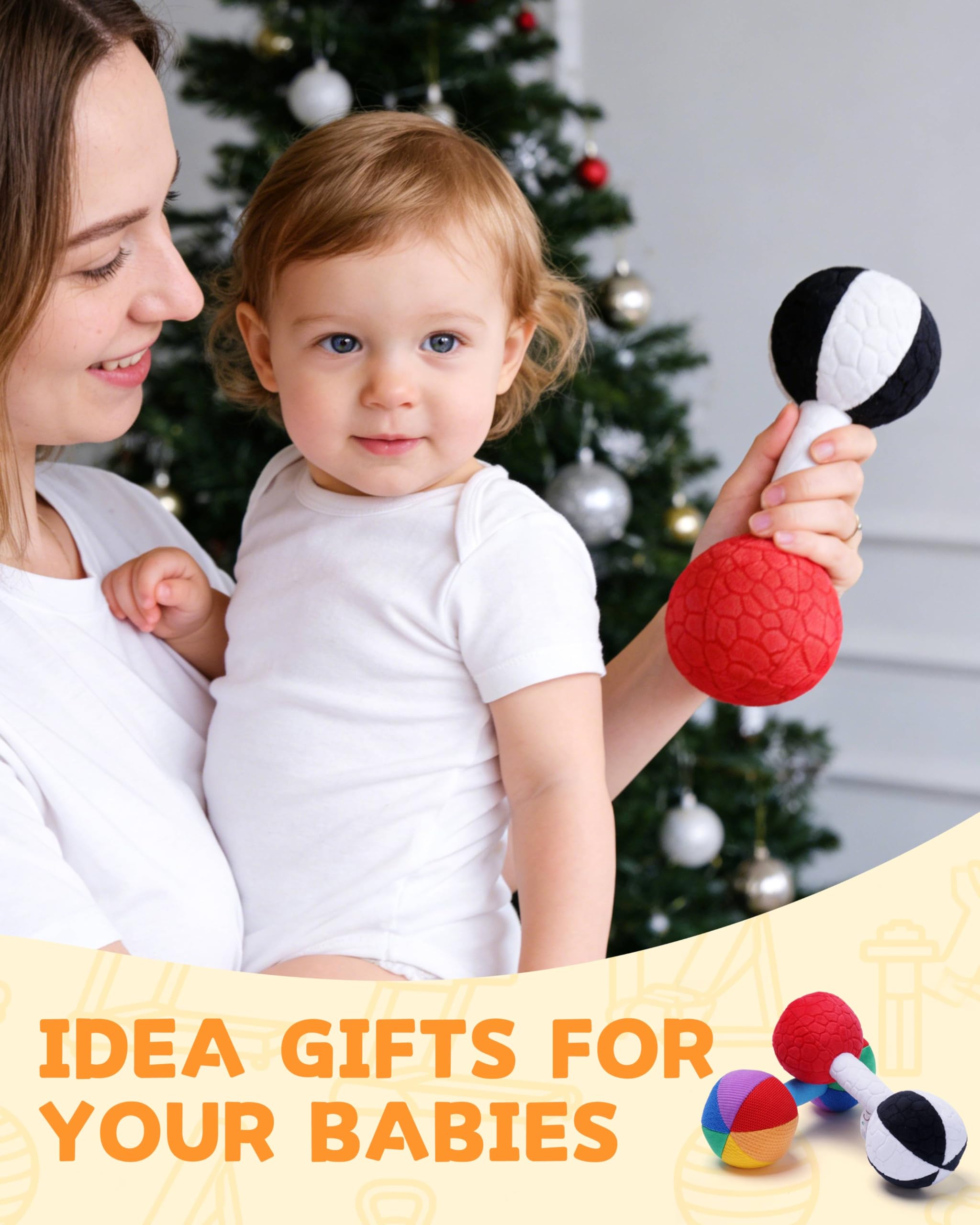 Jollybaby Soft Plush Dumbbell Rattle for Newborns 0-6 Months – High Contrast Sensory Toy with Rustling Sounds, Easy Grip, Lightweight Baby Shower Gift