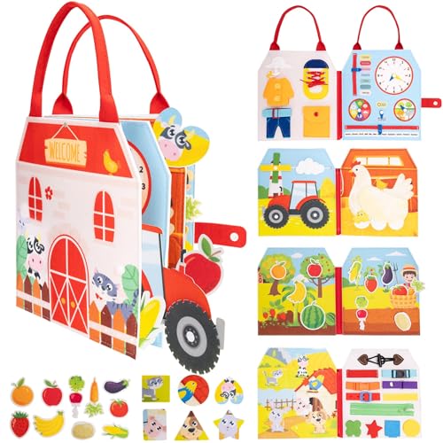 Jololino Busy Book for Toddlers – 8-Page Felt Quiet Book with Farm Animals, Montessori Sensory Toy for Fine Motor Skills, Travel Activity for Plane or Car