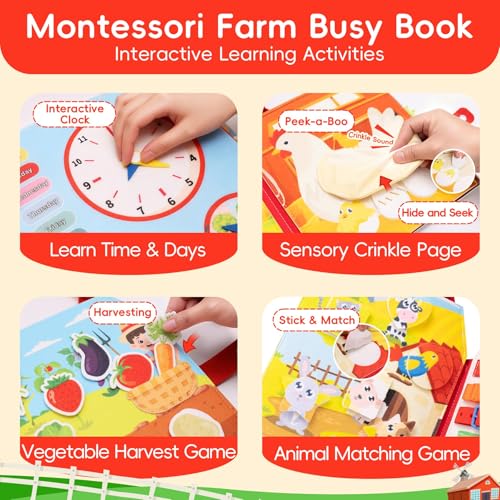 Jololino Busy Book for Toddlers – 8-Page Felt Quiet Book with Farm Animals, Montessori Sensory Toy for Fine Motor Skills, Travel Activity for Plane or Car