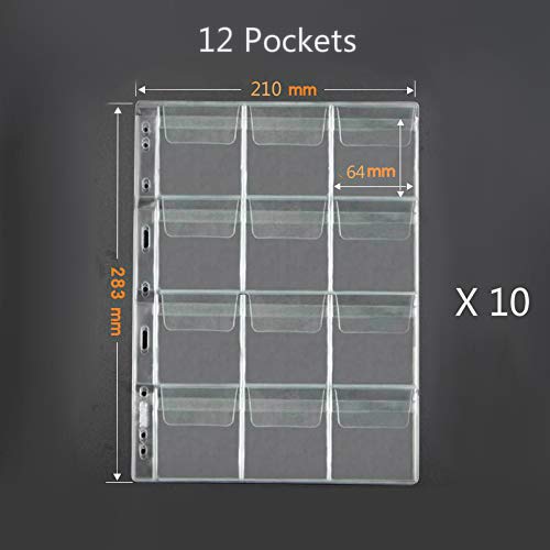Jomevia 10 Sheets 12 Pocket Coin Pages Clear PVC Holders for 3-Ring Binder