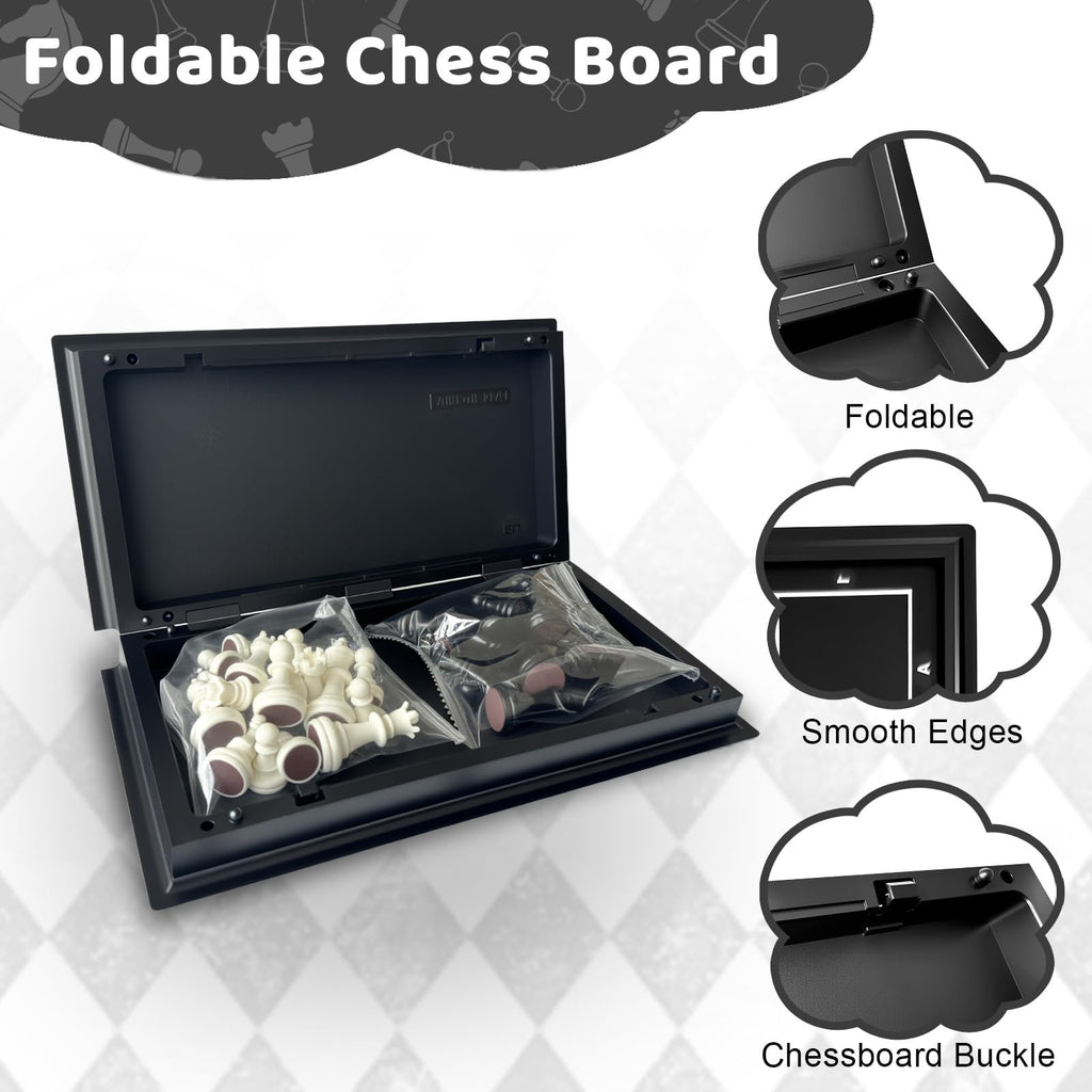 Joneytech 10-Inch Magnetic Travel Chess Set with Folding Board and 2 Extra Queens – Portable Game for Kids and Adults