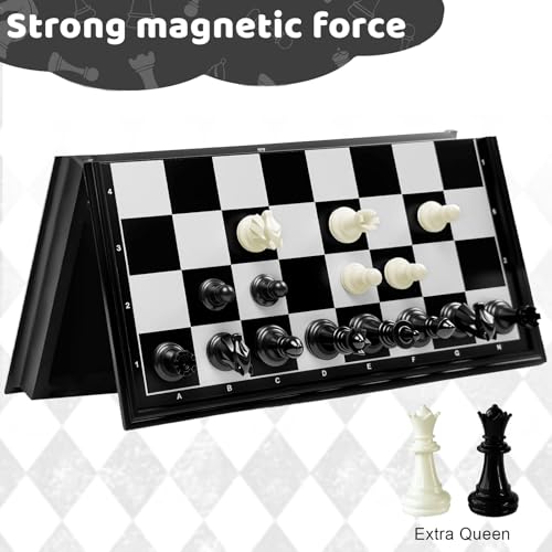 Joneytech 10-Inch Magnetic Travel Chess Set with Folding Board and 2 Extra Queens – Portable Game for Kids and Adults