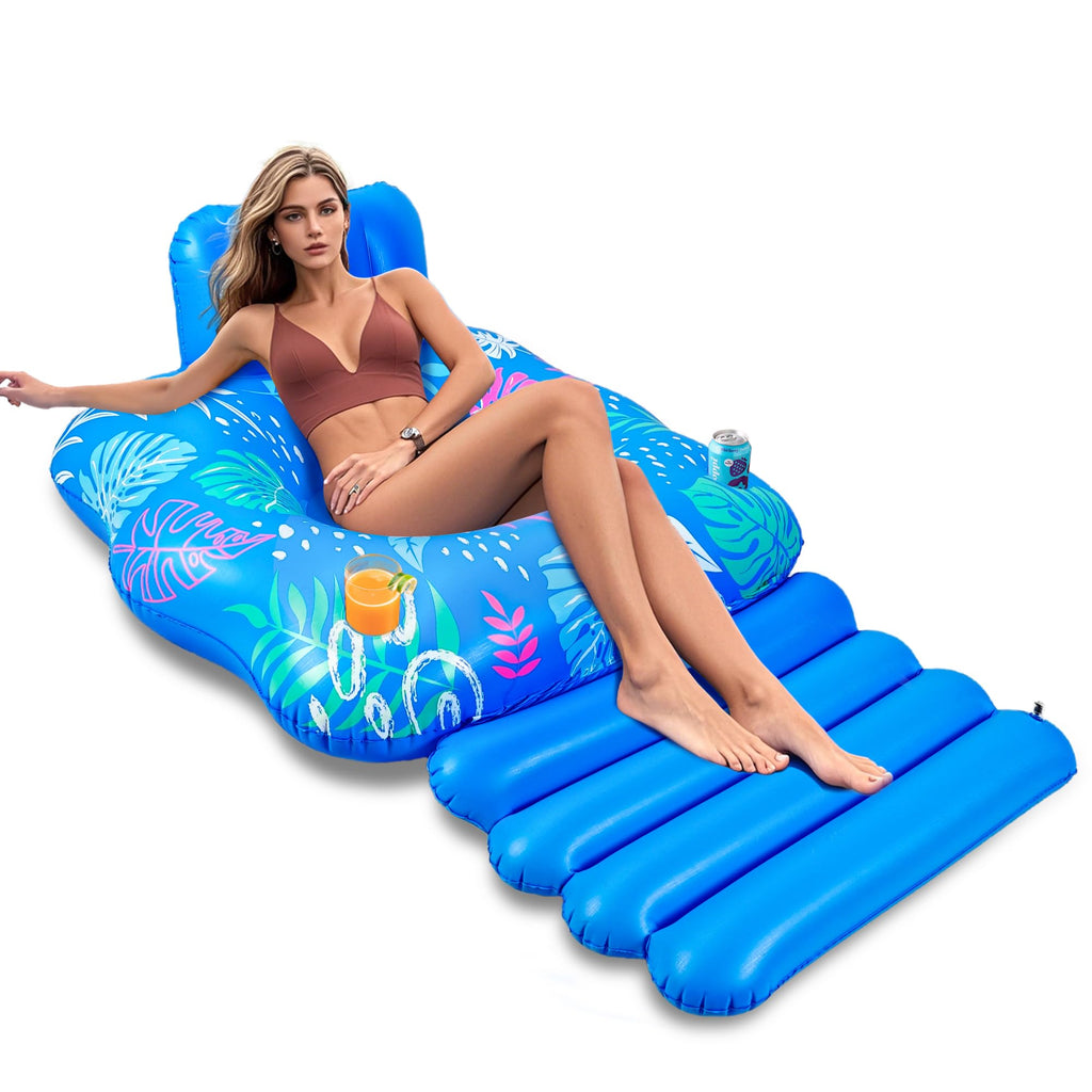 JOSEN Inflatable Pool Lounger Float - Extra-Large 60" x 42" Heavy Duty Pool Chair with Footrest and Cup Holders