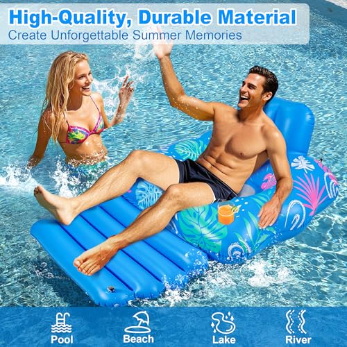 JOSEN Inflatable Pool Lounger Float - Extra-Large 60" x 42" Heavy Duty Pool Chair with Footrest and Cup Holders