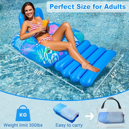 JOSEN Inflatable Pool Lounger Float - Extra-Large 60" x 42" Heavy Duty Pool Chair with Footrest and Cup Holders