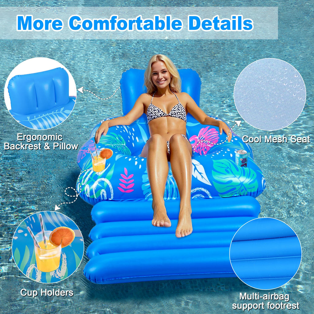 JOSEN Inflatable Pool Lounger Float - Extra-Large 60" x 42" Heavy Duty Pool Chair with Footrest and Cup Holders