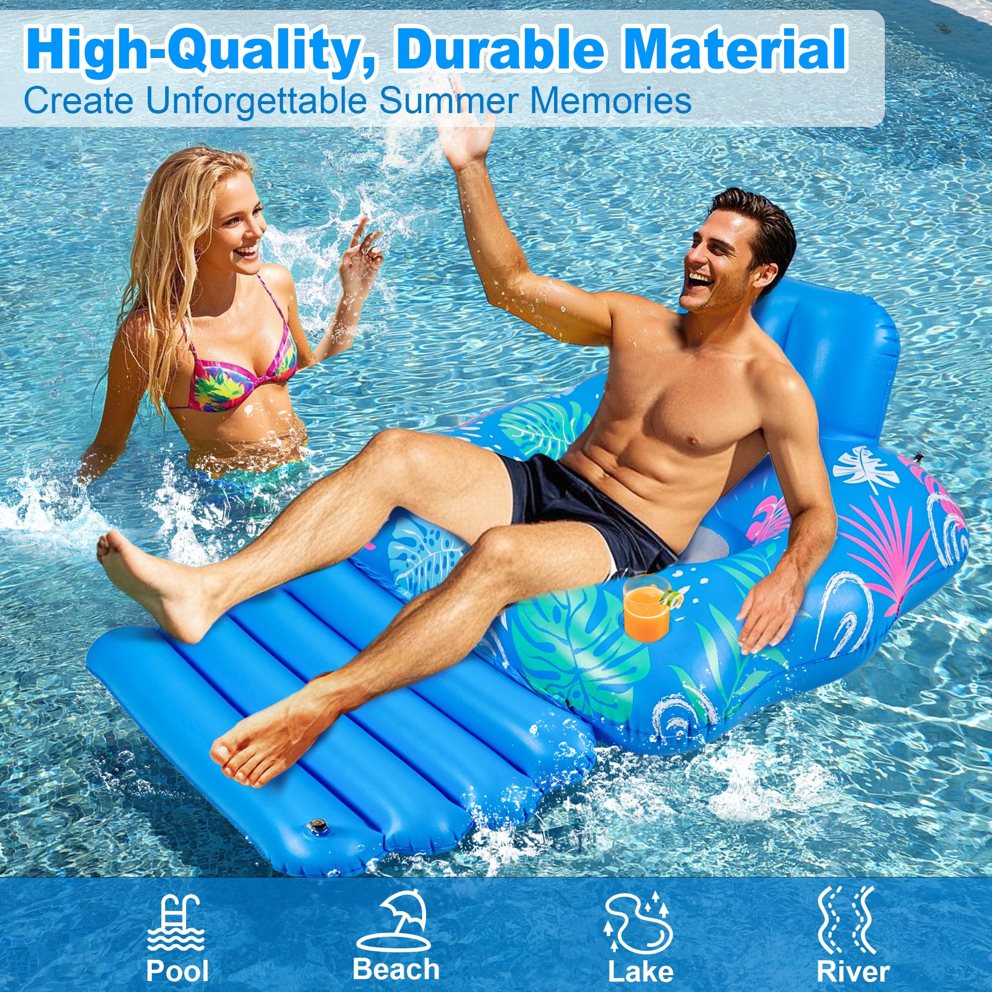 JOSEN Inflatable Pool Lounger Float - Extra-Large 60" x 42" Heavy Duty Pool Chair with Footrest and Cup Holders