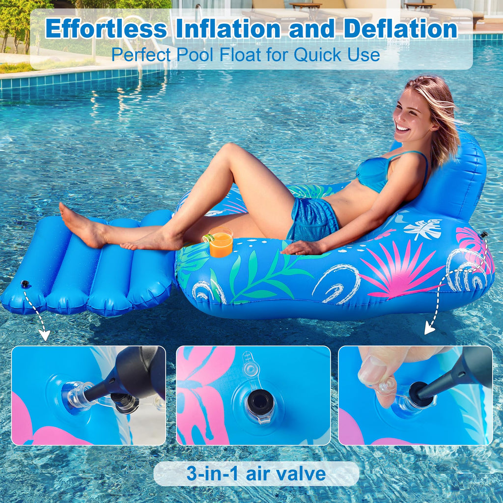 JOSEN Inflatable Pool Lounger Float - Extra-Large 60" x 42" Heavy Duty Pool Chair with Footrest and Cup Holders