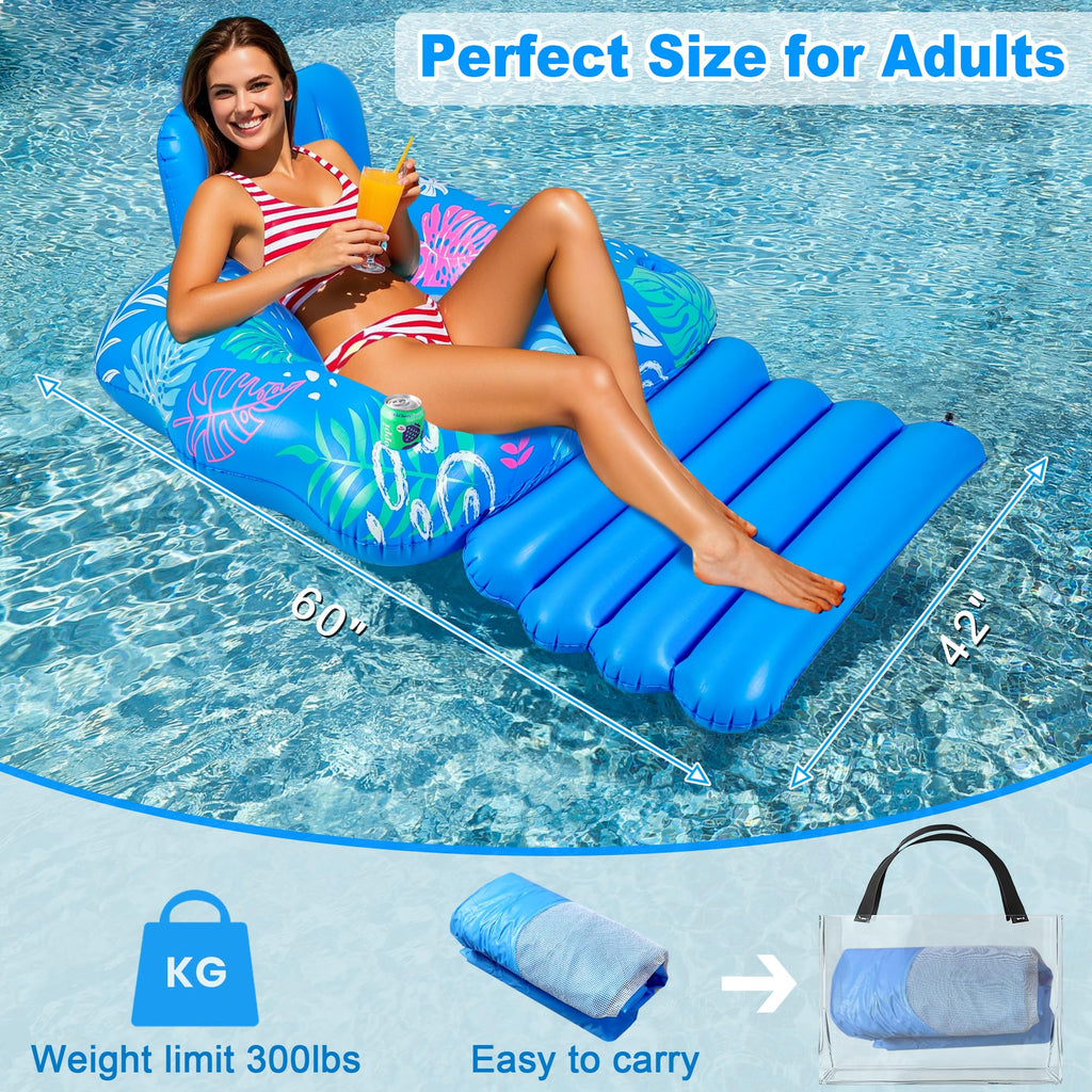 JOSEN Inflatable Pool Lounger Float - Extra-Large 60" x 42" Heavy Duty Pool Chair with Footrest and Cup Holders