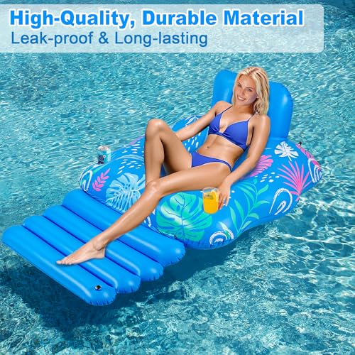 JOSEN Inflatable Pool Lounger Float - Extra-Large 60" x 42" Heavy Duty Pool Chair with Footrest and Cup Holders