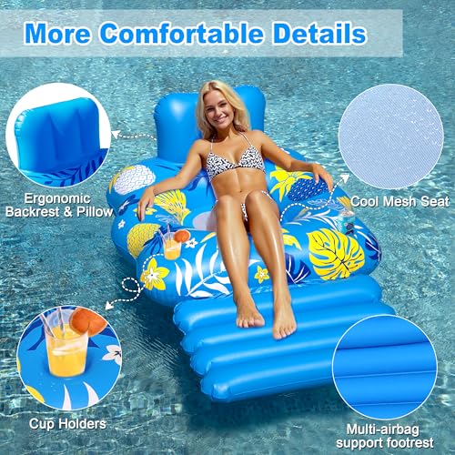 JOSEN Inflatable Pool Lounger Float for Adults - Heavy Duty with Footrest and Cup Holders, 60x42 Inches Blue/Yellow