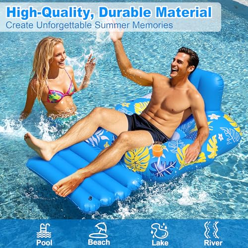 JOSEN Inflatable Pool Lounger Float for Adults - Heavy Duty with Footrest and Cup Holders, 60x42 Inches Blue/Yellow