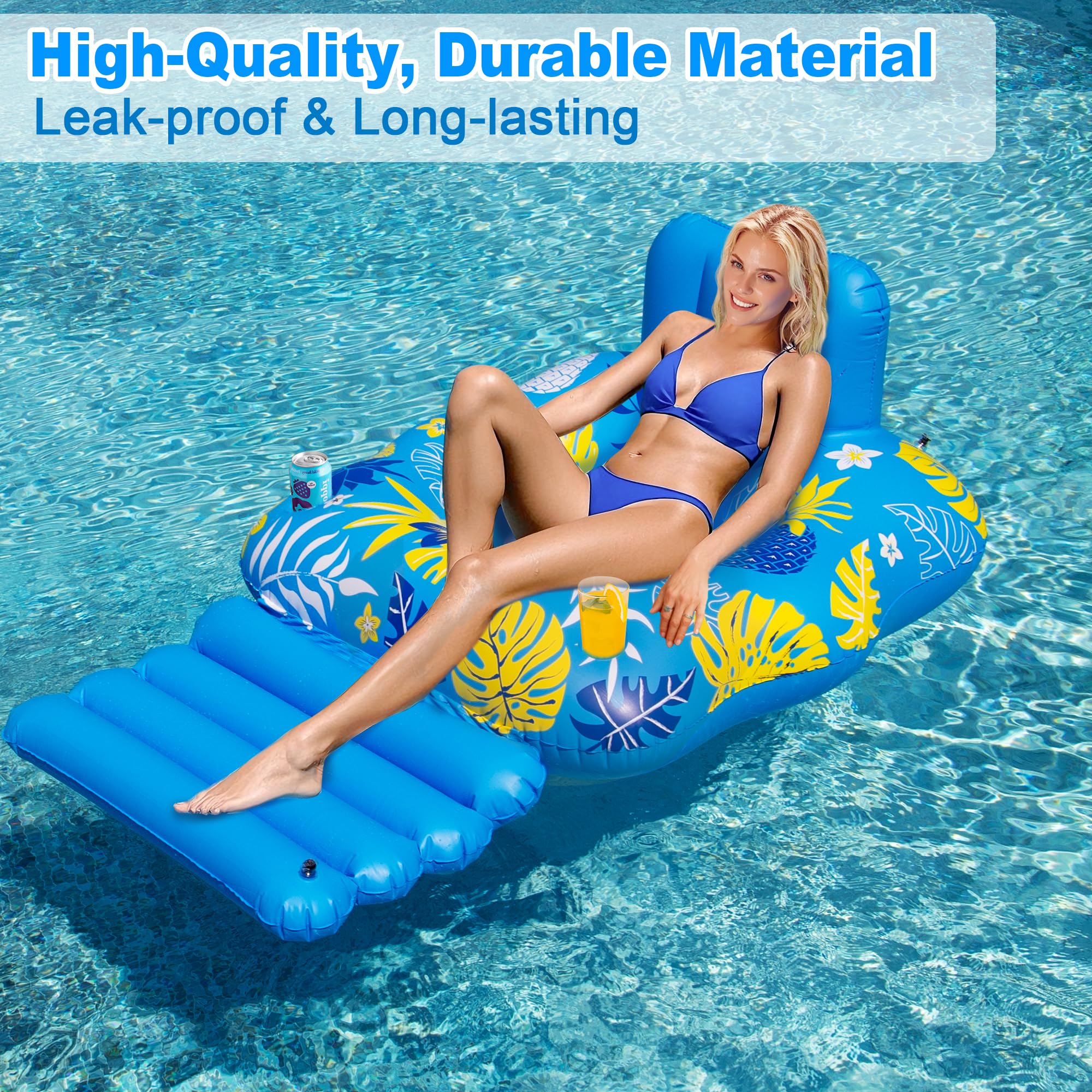 JOSEN Inflatable Pool Lounger Float for Adults - Heavy Duty with Footrest and Cup Holders, 60x42 Inches Blue/Yellow