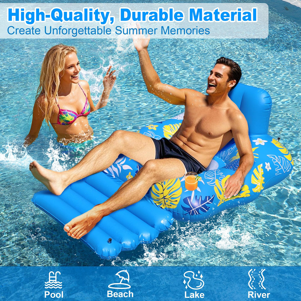 JOSEN Inflatable Pool Lounger Float for Adults - Heavy Duty with Footrest and Cup Holders, 60x42 Inches Blue/Yellow