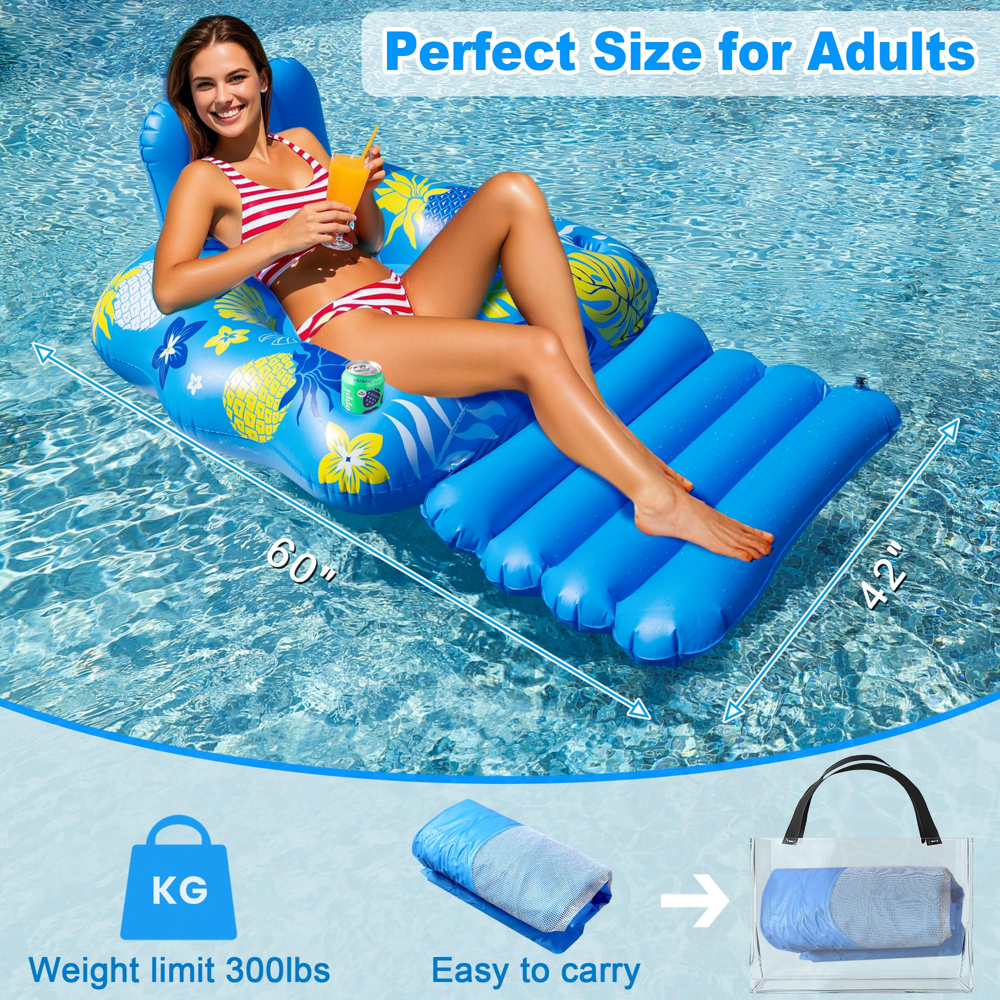 JOSEN Inflatable Pool Lounger Float for Adults - Heavy Duty with Footrest and Cup Holders, 60x42 Inches Blue/Yellow